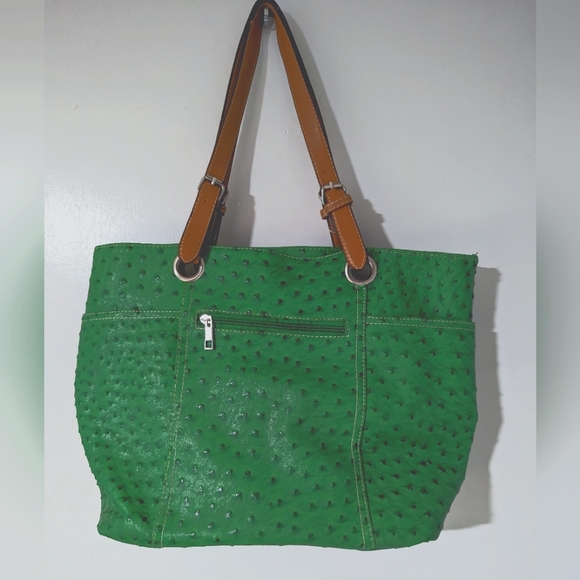 Oversized textural bumpy handbag in green with tan straps - Picture 1 of 7
